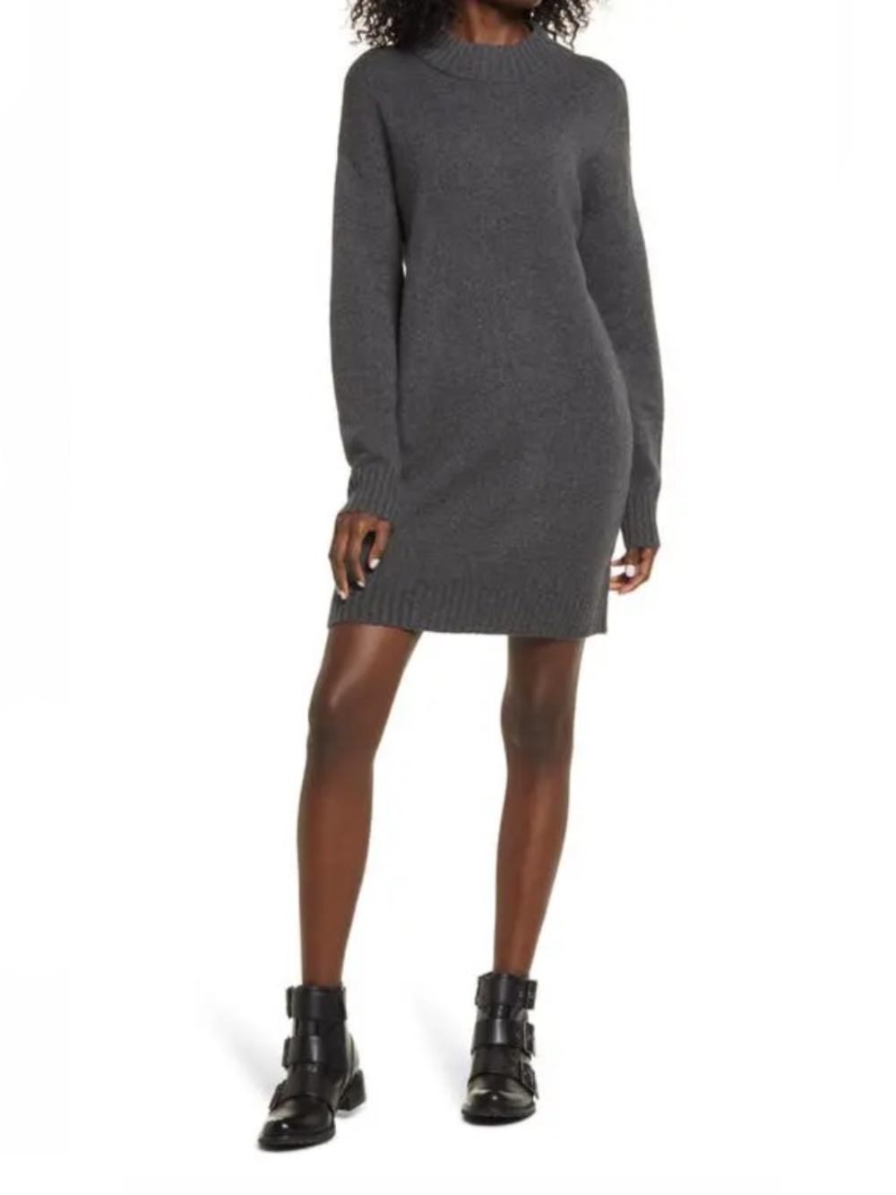 BP.  Easy Crewneck Long Sleeve Sweater Dress - Grey Medium Charcoal Heather